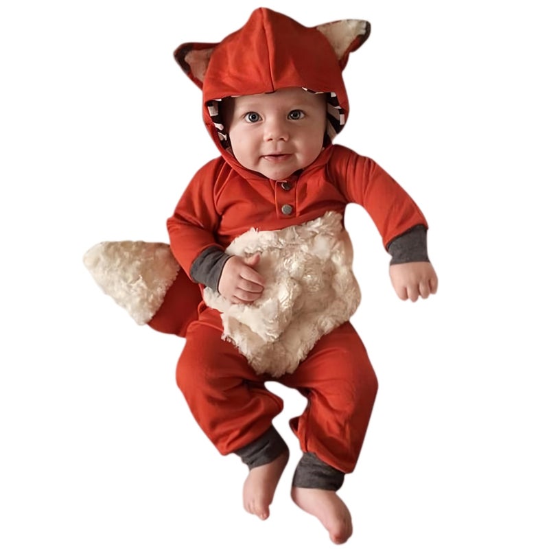 Noubeau Newborn Baby Girl Boy Halloween Cosplay Cartoon Clothes Fox Coat Fur Bodysuit Jumpsuit Hooded Playsuit Romper Overall Outfit (Orange, 3-6 Months) - Image 1